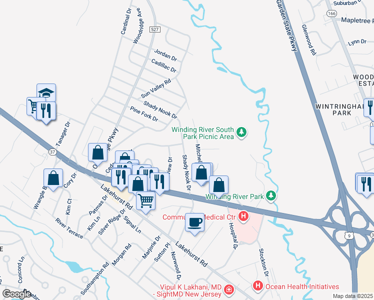 map of restaurants, bars, coffee shops, grocery stores, and more near 26 Shady Nook Drive in Toms River