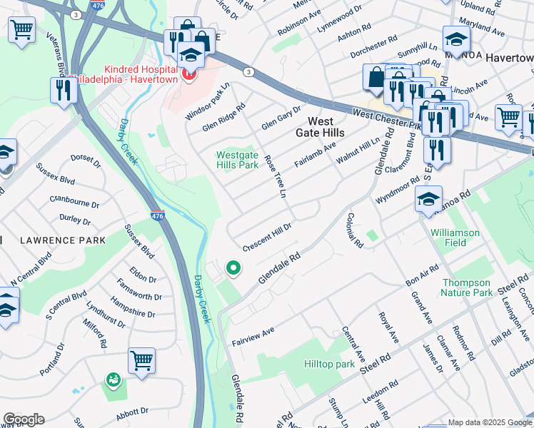 map of restaurants, bars, coffee shops, grocery stores, and more near 312 Greenbriar Lane in Havertown