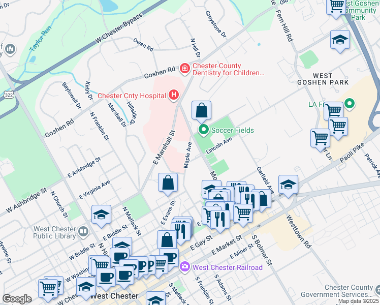 map of restaurants, bars, coffee shops, grocery stores, and more near 517 Maple Avenue in West Chester