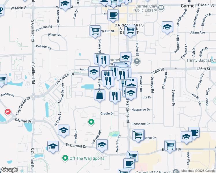 map of restaurants, bars, coffee shops, grocery stores, and more near 2 Center Green in Carmel
