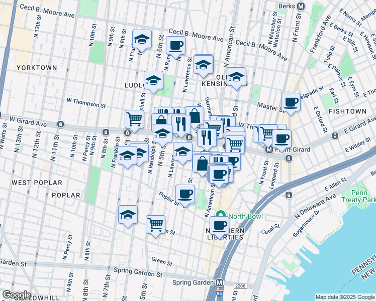map of restaurants, bars, coffee shops, grocery stores, and more near 1143 North 4th Street in Philadelphia