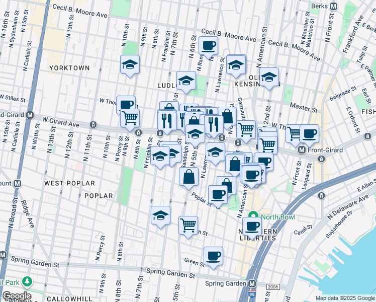 map of restaurants, bars, coffee shops, grocery stores, and more near 989 North Randolph Street in Philadelphia