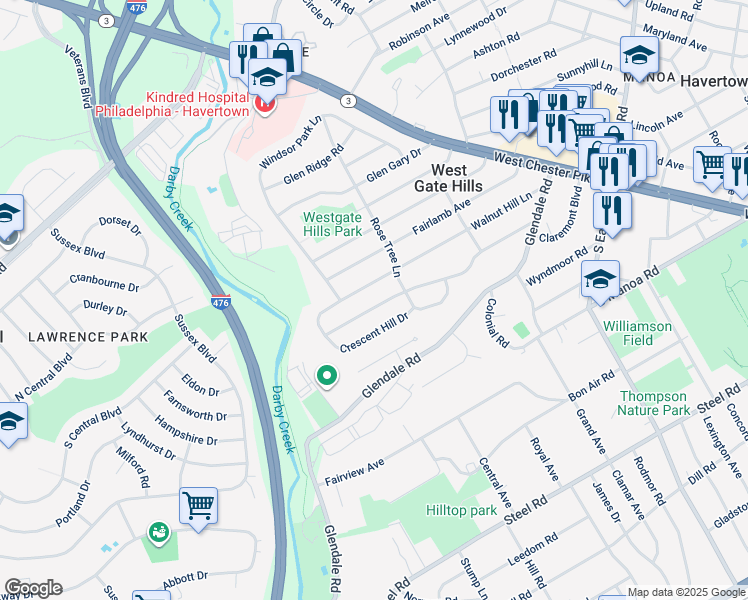 map of restaurants, bars, coffee shops, grocery stores, and more near 312 Greenbriar Lane in Havertown