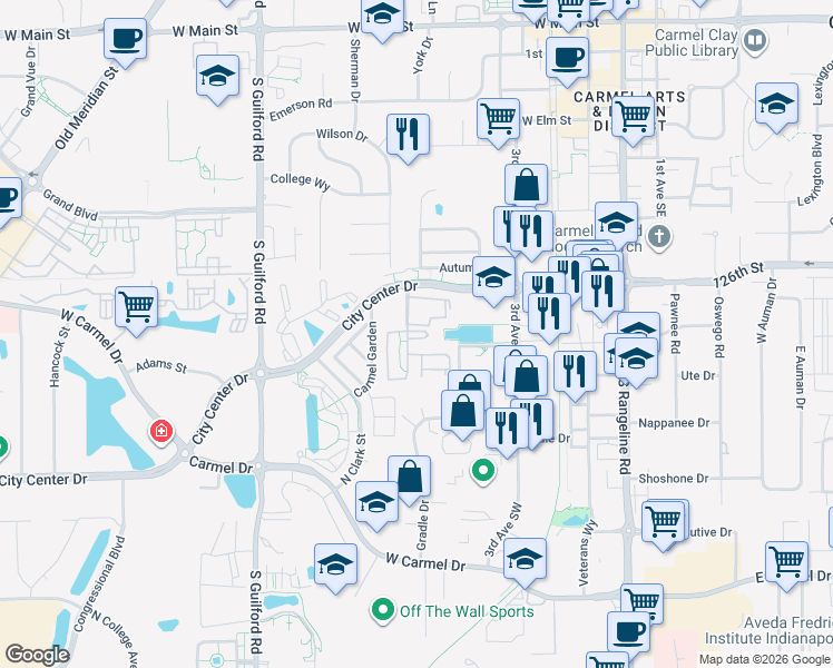 map of restaurants, bars, coffee shops, grocery stores, and more near 675 Beacon Street in Carmel