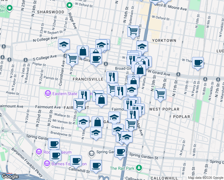 map of restaurants, bars, coffee shops, grocery stores, and more near 1530-32 Parrish Street in Philadelphia