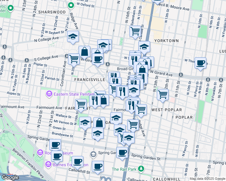 map of restaurants, bars, coffee shops, grocery stores, and more near 1530-32 Parrish Street in Philadelphia