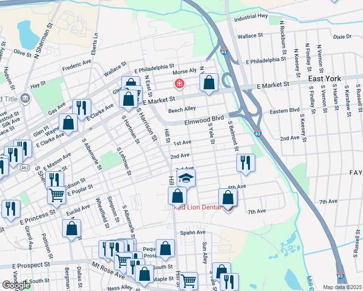 map of restaurants, bars, coffee shops, grocery stores, and more near 1422 1st Avenue in York