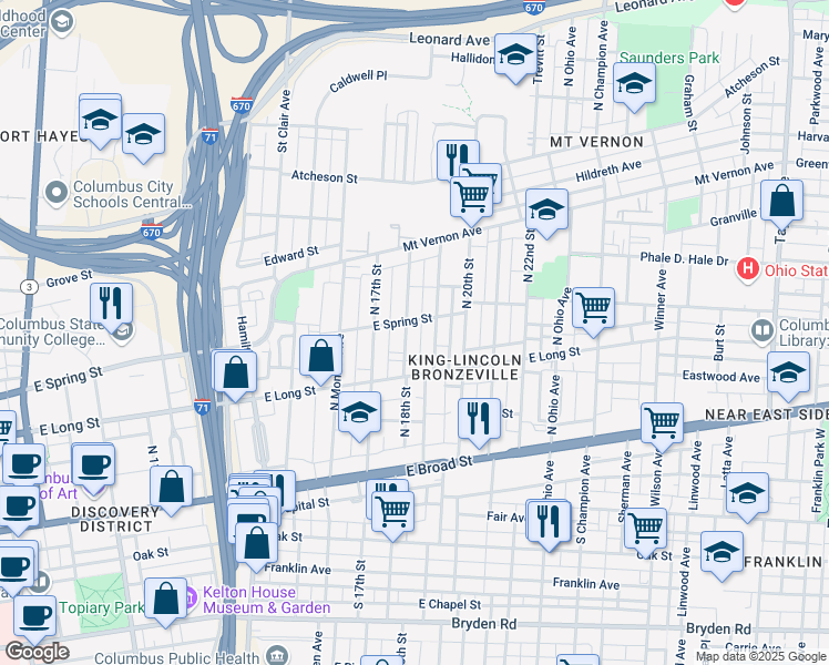 map of restaurants, bars, coffee shops, grocery stores, and more near 184-186 North 18th Street in Columbus