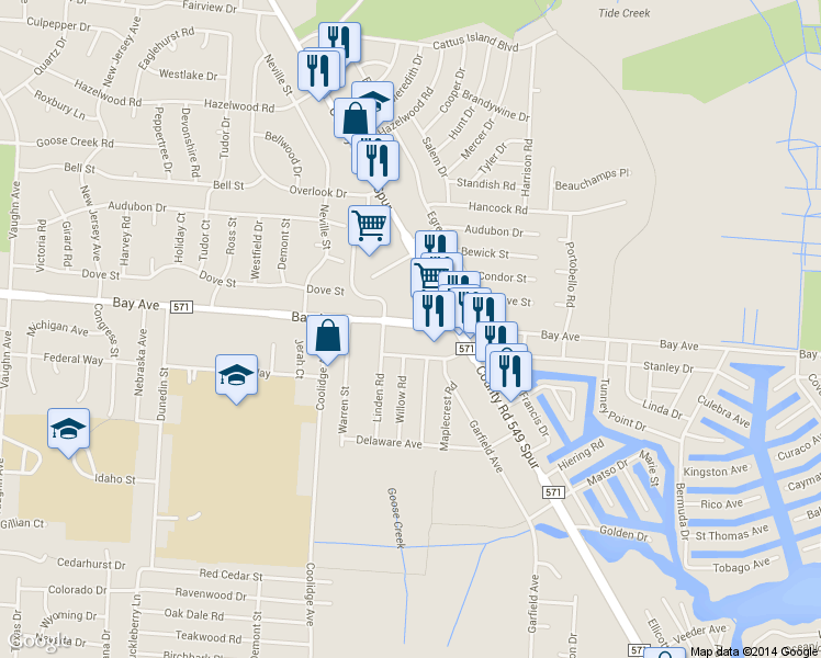map of restaurants, bars, coffee shops, grocery stores, and more near 1197 Bay Ave in Ocean