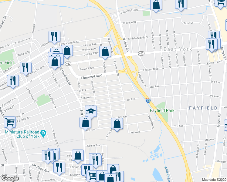 map of restaurants, bars, coffee shops, grocery stores, and more near 1601 2nd Avenue in York
