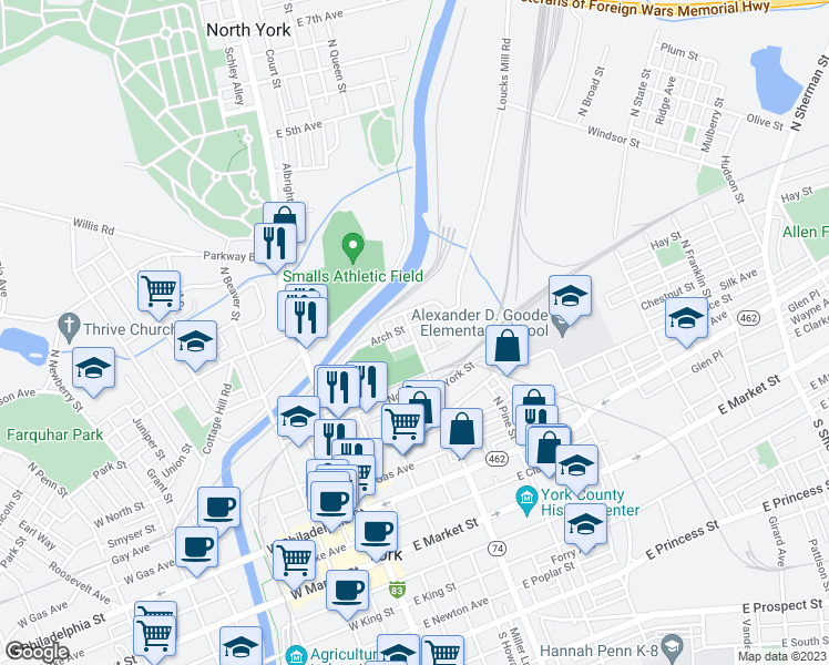 map of restaurants, bars, coffee shops, grocery stores, and more near 323 North Queen Street in York