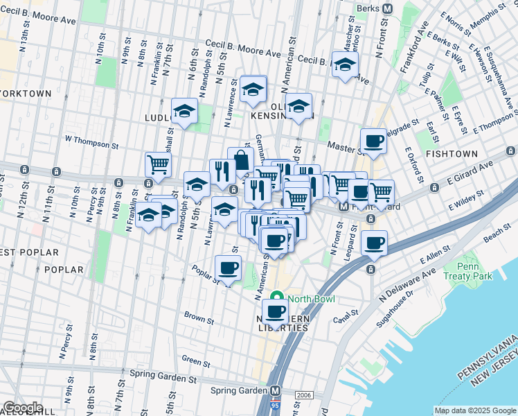 map of restaurants, bars, coffee shops, grocery stores, and more near 1151 North 3rd Street in Philadelphia