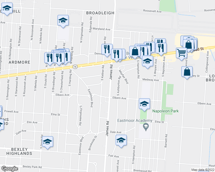 map of restaurants, bars, coffee shops, grocery stores, and more near 135 South James Road in Columbus