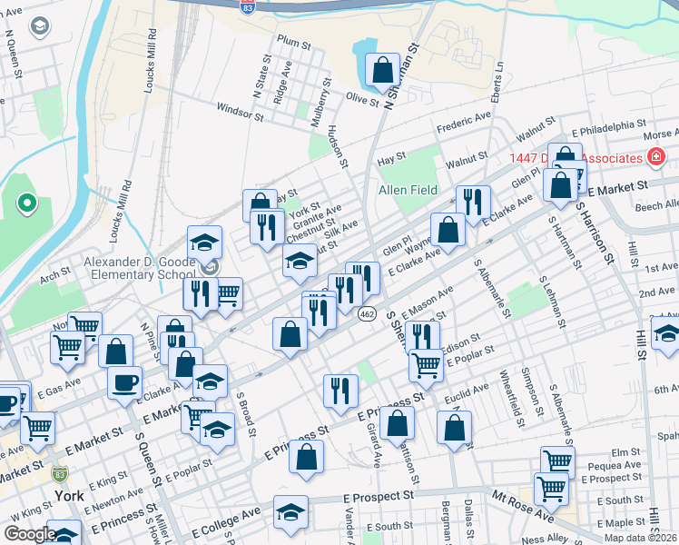 map of restaurants, bars, coffee shops, grocery stores, and more near 688 State Route 462 in York