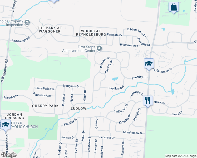 map of restaurants, bars, coffee shops, grocery stores, and more near 8301 Priestley Drive in Reynoldsburg