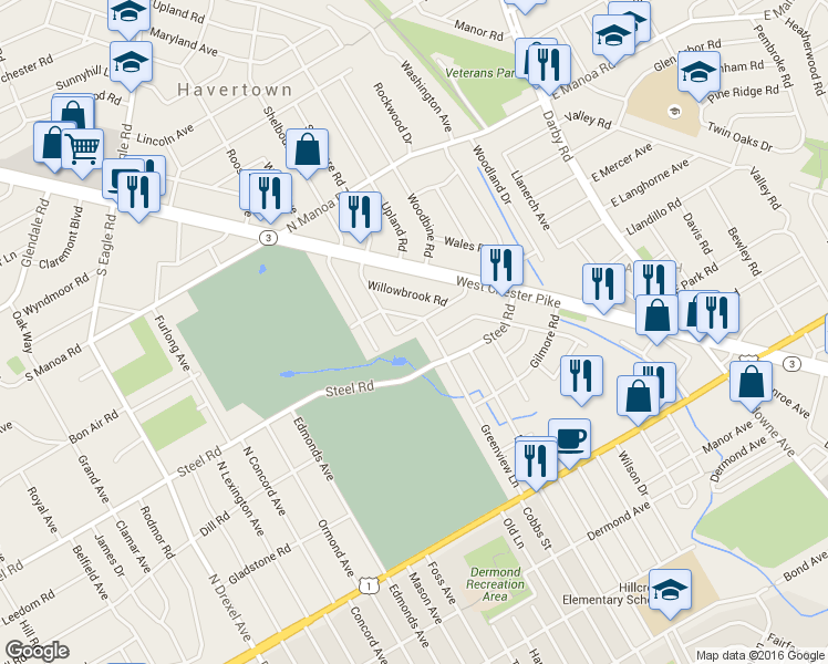 map of restaurants, bars, coffee shops, grocery stores, and more near 108 Westwood Park Drive in Havertown