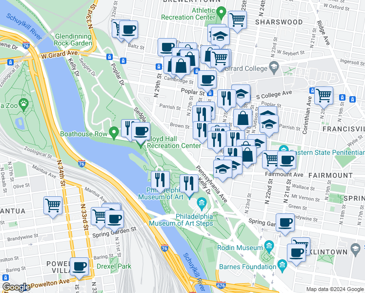 map of restaurants, bars, coffee shops, grocery stores, and more near 4808 Pennsylvania Avenue in Philadelphia