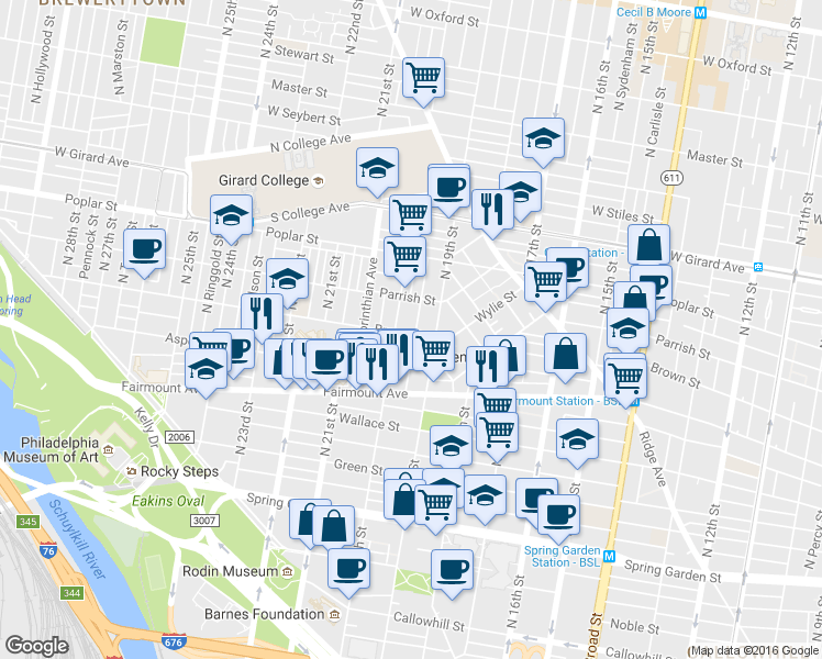 map of restaurants, bars, coffee shops, grocery stores, and more near 1921 Brown Street in Philadelphia