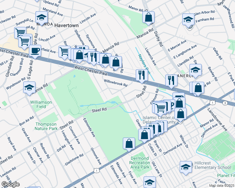 map of restaurants, bars, coffee shops, grocery stores, and more near 108 Westwood Park Drive in Havertown