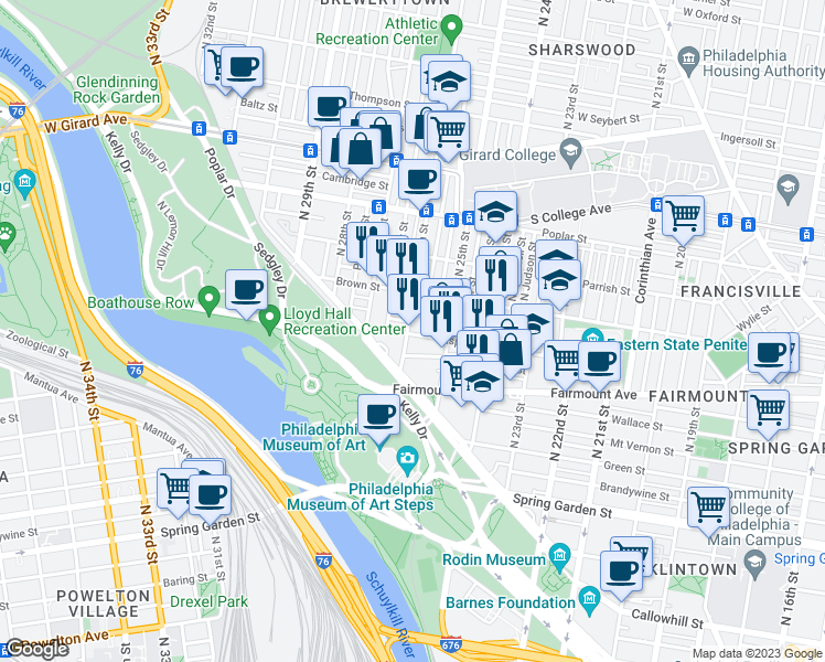 map of restaurants, bars, coffee shops, grocery stores, and more near 735 North 26th Street in Philadelphia