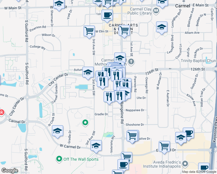 map of restaurants, bars, coffee shops, grocery stores, and more near 100 City Center Drive in Carmel