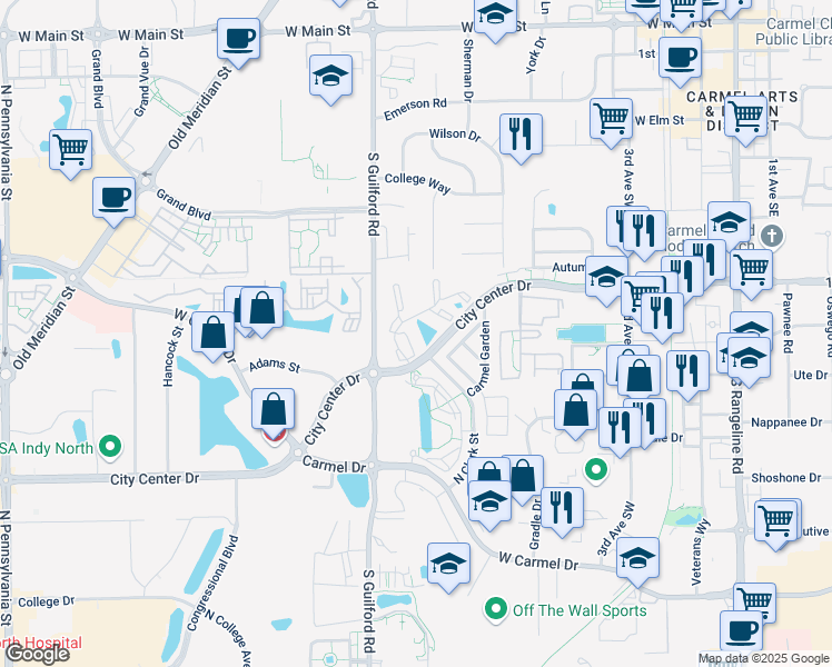 map of restaurants, bars, coffee shops, grocery stores, and more near 12517 Timber Creek Drive in Carmel