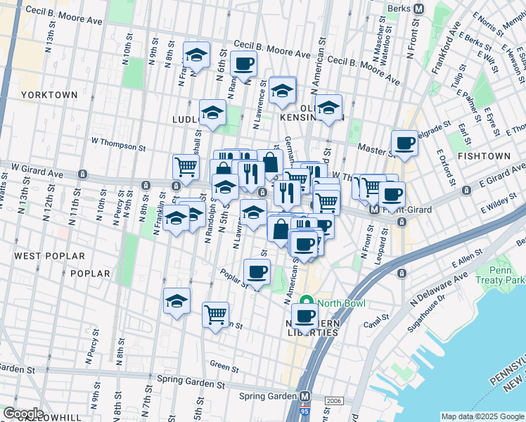 map of restaurants, bars, coffee shops, grocery stores, and more near 330 Cambridge Street in Philadelphia