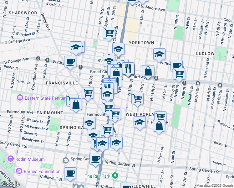 map of restaurants, bars, coffee shops, grocery stores, and more near 1319 Parrish Street in Philadelphia