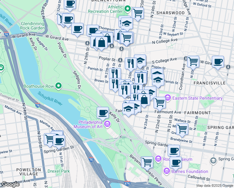 map of restaurants, bars, coffee shops, grocery stores, and more near 735 North 26th Street in Philadelphia