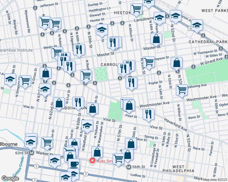 map of restaurants, bars, coffee shops, grocery stores, and more near 5727 Harmer Street in Philadelphia