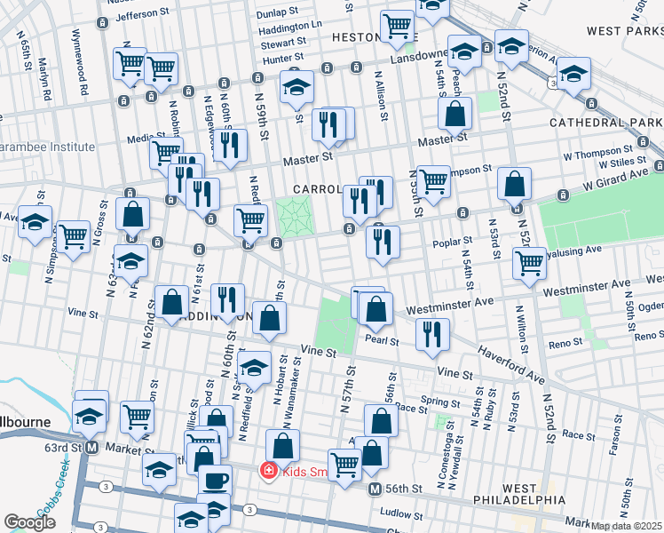map of restaurants, bars, coffee shops, grocery stores, and more near 5727 Harmer Street in Philadelphia