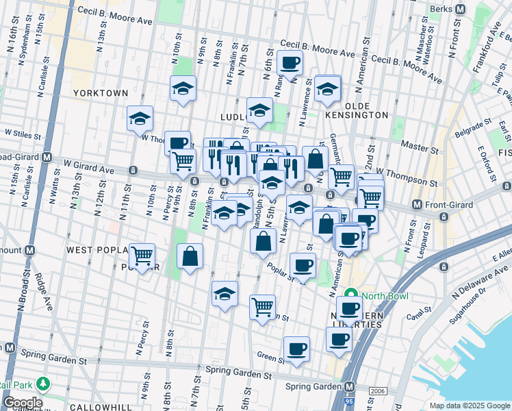 map of restaurants, bars, coffee shops, grocery stores, and more near 990 North Randolph Street in Philadelphia