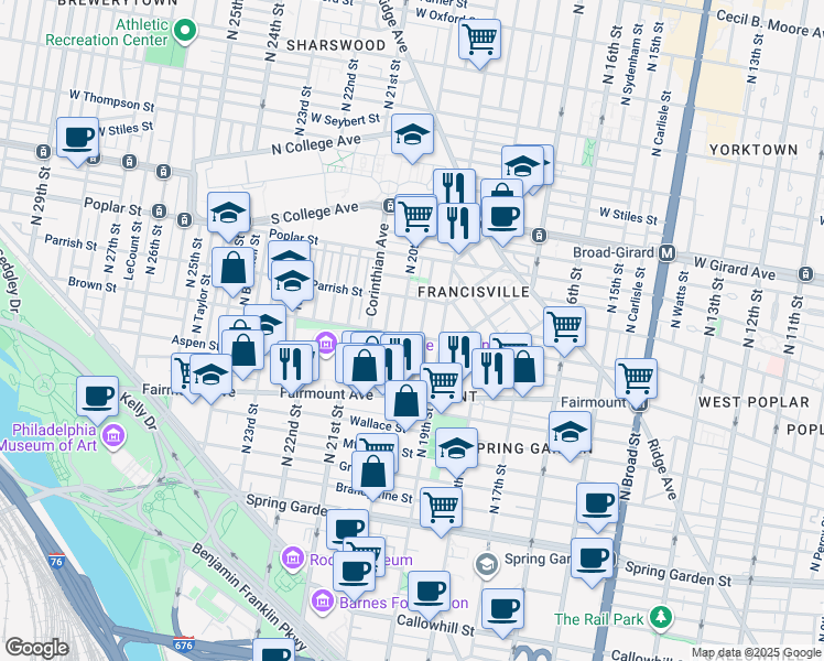 map of restaurants, bars, coffee shops, grocery stores, and more near 1927 Brown Street in Philadelphia