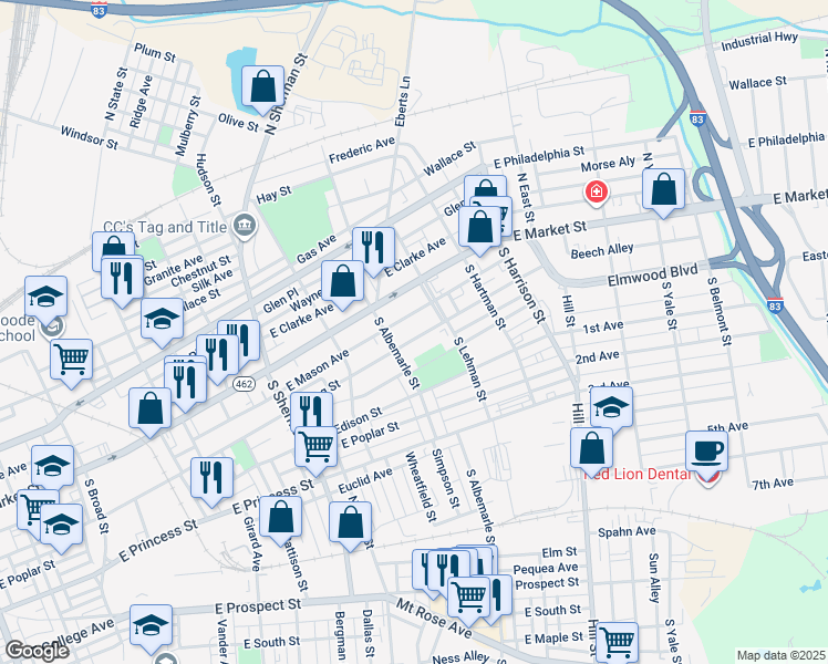 map of restaurants, bars, coffee shops, grocery stores, and more near 1031 East King Street in York