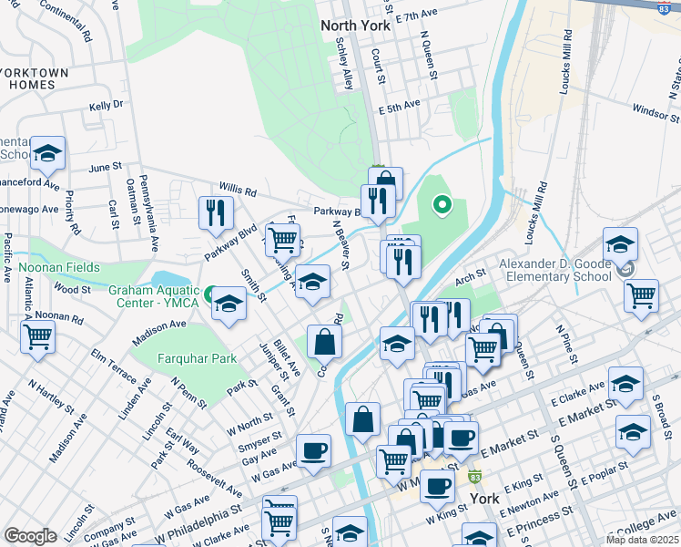 map of restaurants, bars, coffee shops, grocery stores, and more near 532 North Beaver Street in York
