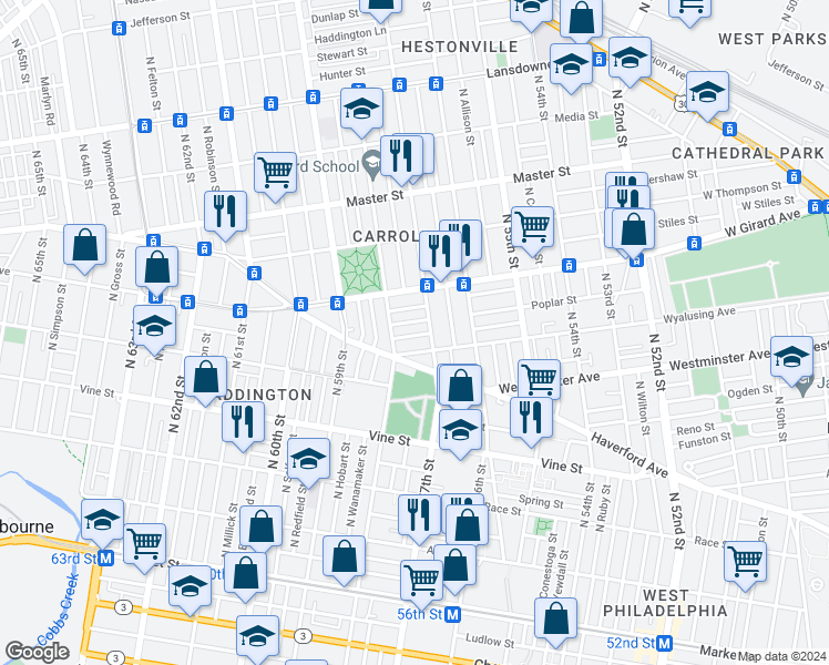 map of restaurants, bars, coffee shops, grocery stores, and more near 5713 Harmer Street in Philadelphia