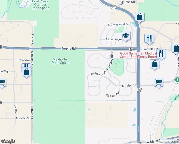 map of restaurants, bars, coffee shops, grocery stores, and more near 333 Elk Trail in Lafayette