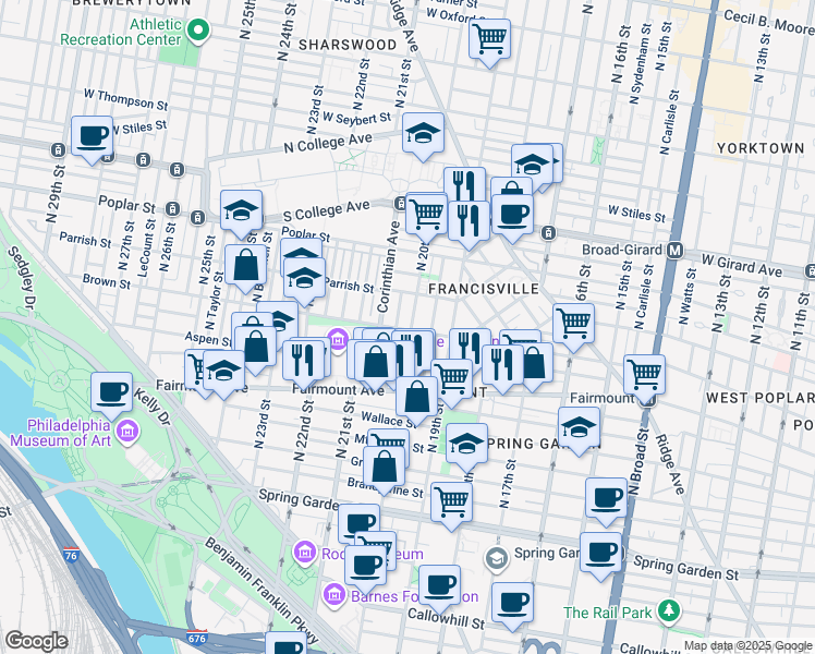 map of restaurants, bars, coffee shops, grocery stores, and more near 800 North 20th Street in Philadelphia