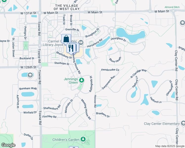 map of restaurants, bars, coffee shops, grocery stores, and more near 12503 Bellingrath Street in Carmel