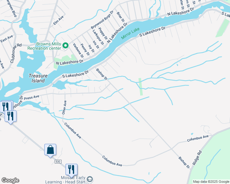 map of restaurants, bars, coffee shops, grocery stores, and more near 118 Bishop Street in Browns Mills