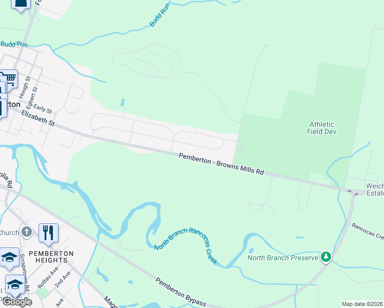 map of restaurants, bars, coffee shops, grocery stores, and more near 834 Pemberton Browns Mills Road in Pemberton