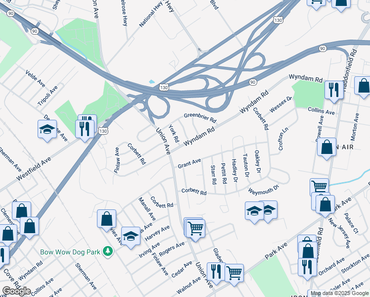 map of restaurants, bars, coffee shops, grocery stores, and more near 7660 Wyndam Road in Pennsauken Township