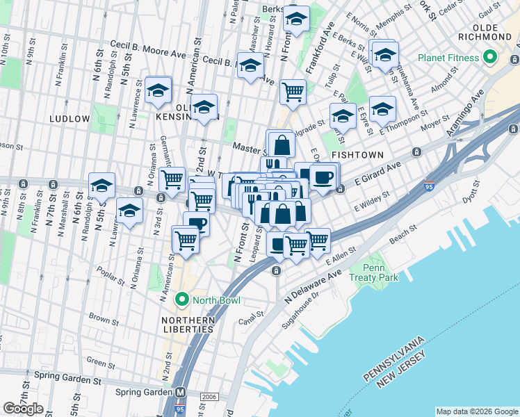 map of restaurants, bars, coffee shops, grocery stores, and more near 15 West Girard Avenue in Philadelphia