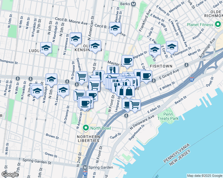 map of restaurants, bars, coffee shops, grocery stores, and more near in Philadelphia