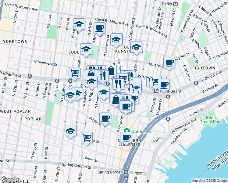 map of restaurants, bars, coffee shops, grocery stores, and more near 1140 North Orianna Street in Philadelphia
