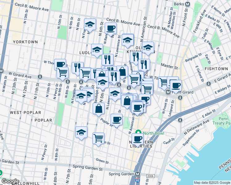 map of restaurants, bars, coffee shops, grocery stores, and more near 1040 North Leithgow Street in Philadelphia