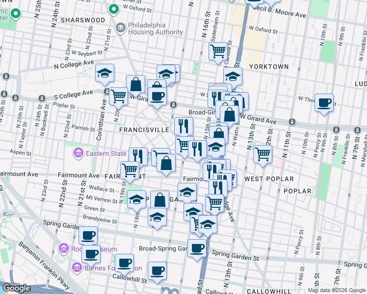 map of restaurants, bars, coffee shops, grocery stores, and more near 1530-32 Parrish Street in Philadelphia