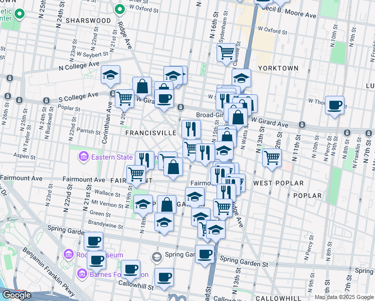 map of restaurants, bars, coffee shops, grocery stores, and more near 1530-32 Parrish Street in Philadelphia