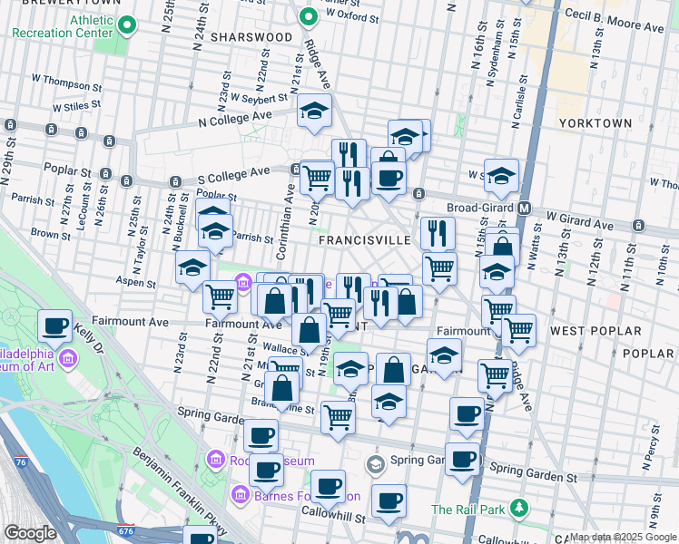 map of restaurants, bars, coffee shops, grocery stores, and more near 803 North 19th Street in Philadelphia