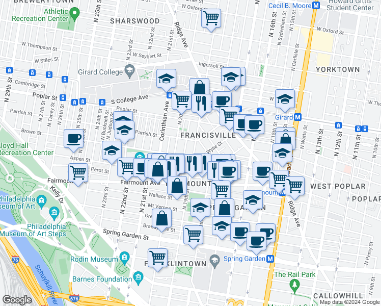 map of restaurants, bars, coffee shops, grocery stores, and more near 803 North 19th Street in Philadelphia